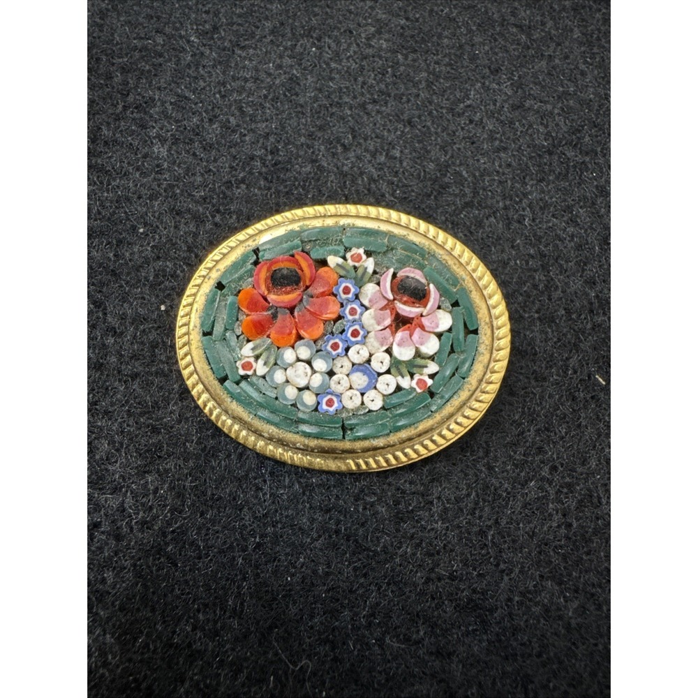 Micro Mosaic Brooch Vintage Floral Pin Italy Large Gold Tone Hand Made